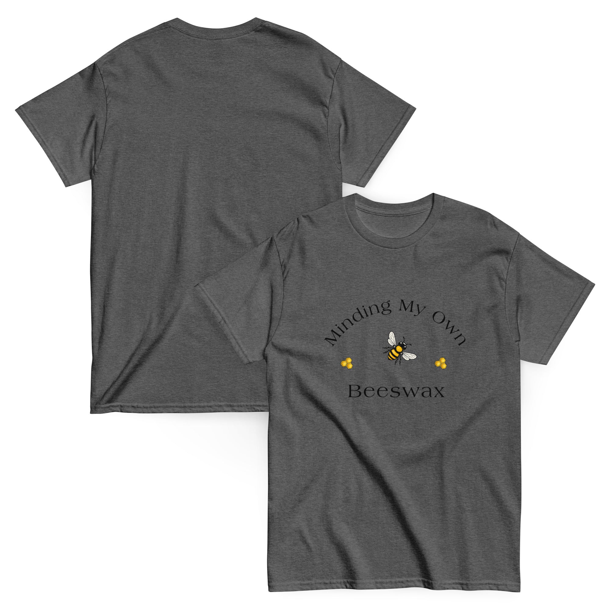 Unisex classic tee in dark heather gray with small honeybee and “Beeswax” slogan.