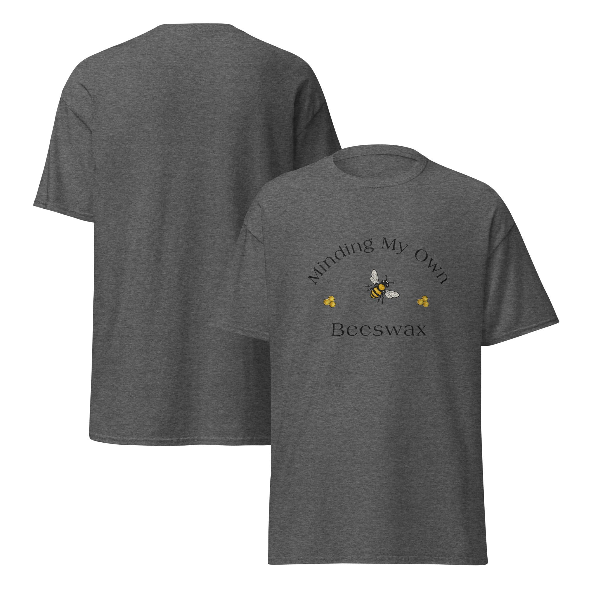 Unisex classic tee in dark gray with “Beeswax” bee graphic on front