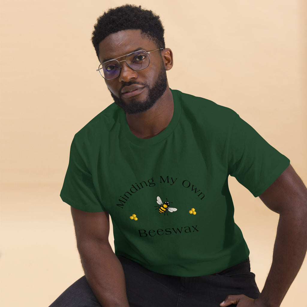 Unisex classic tee in forest green with bee and text graphic on chest