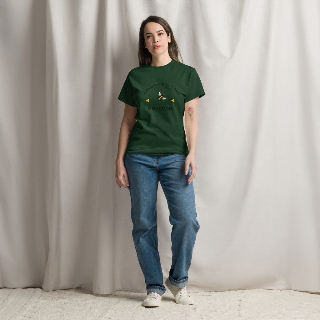 Unisex classic crewneck T-shirt in dark green with bee graphic