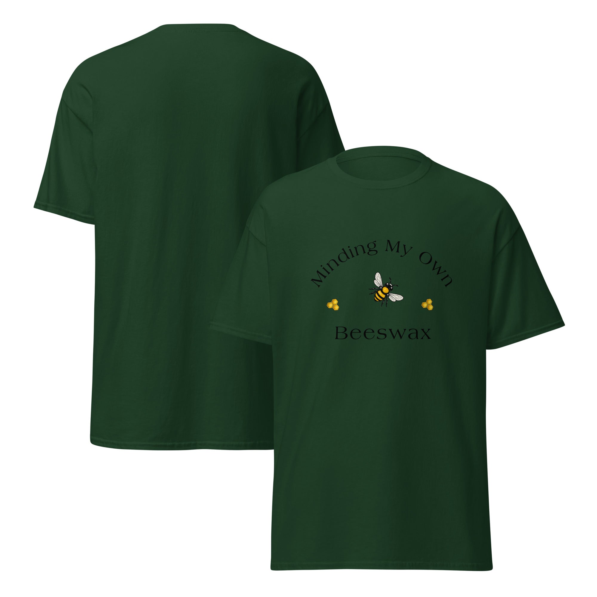 Forest green unisex T-shirt with round neck and bee graphic with text on chest.
