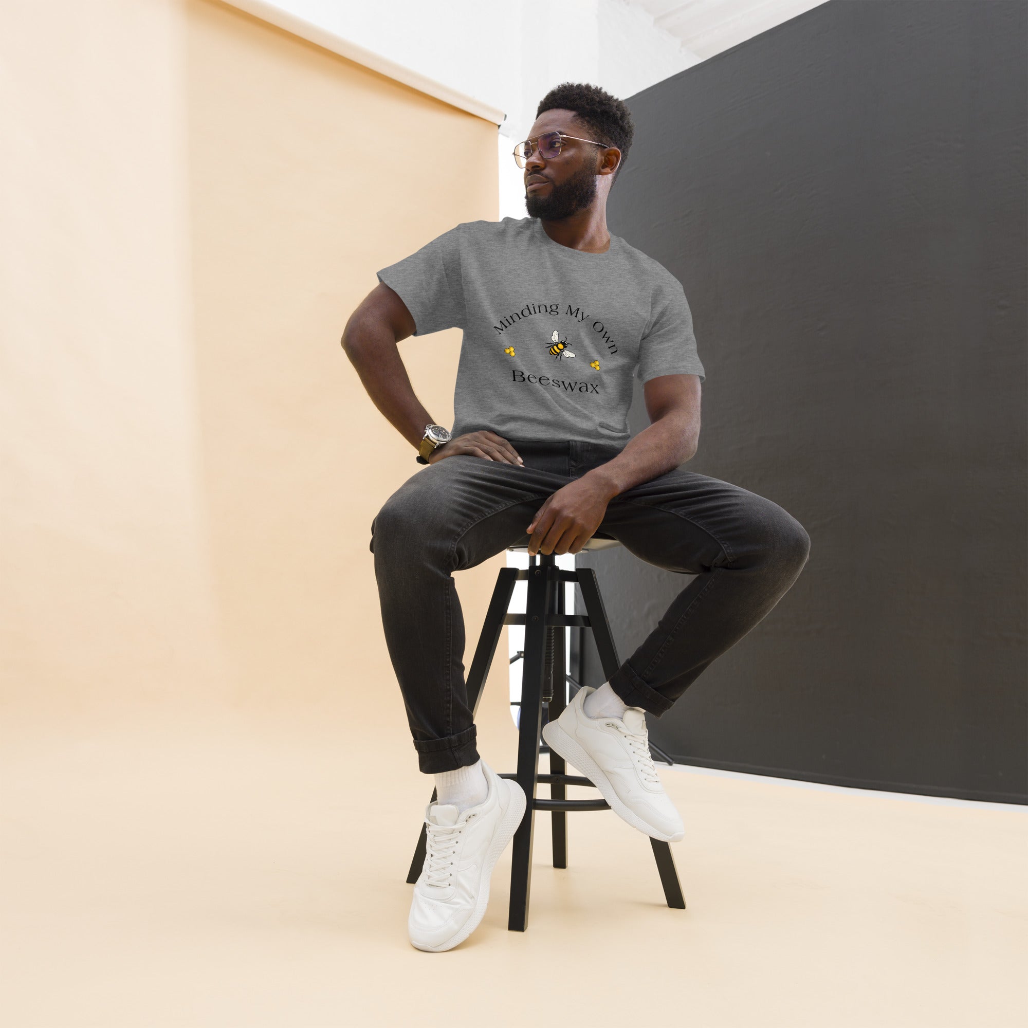 Unisex classic T-shirt in heather gray with bee graphic and chest text
