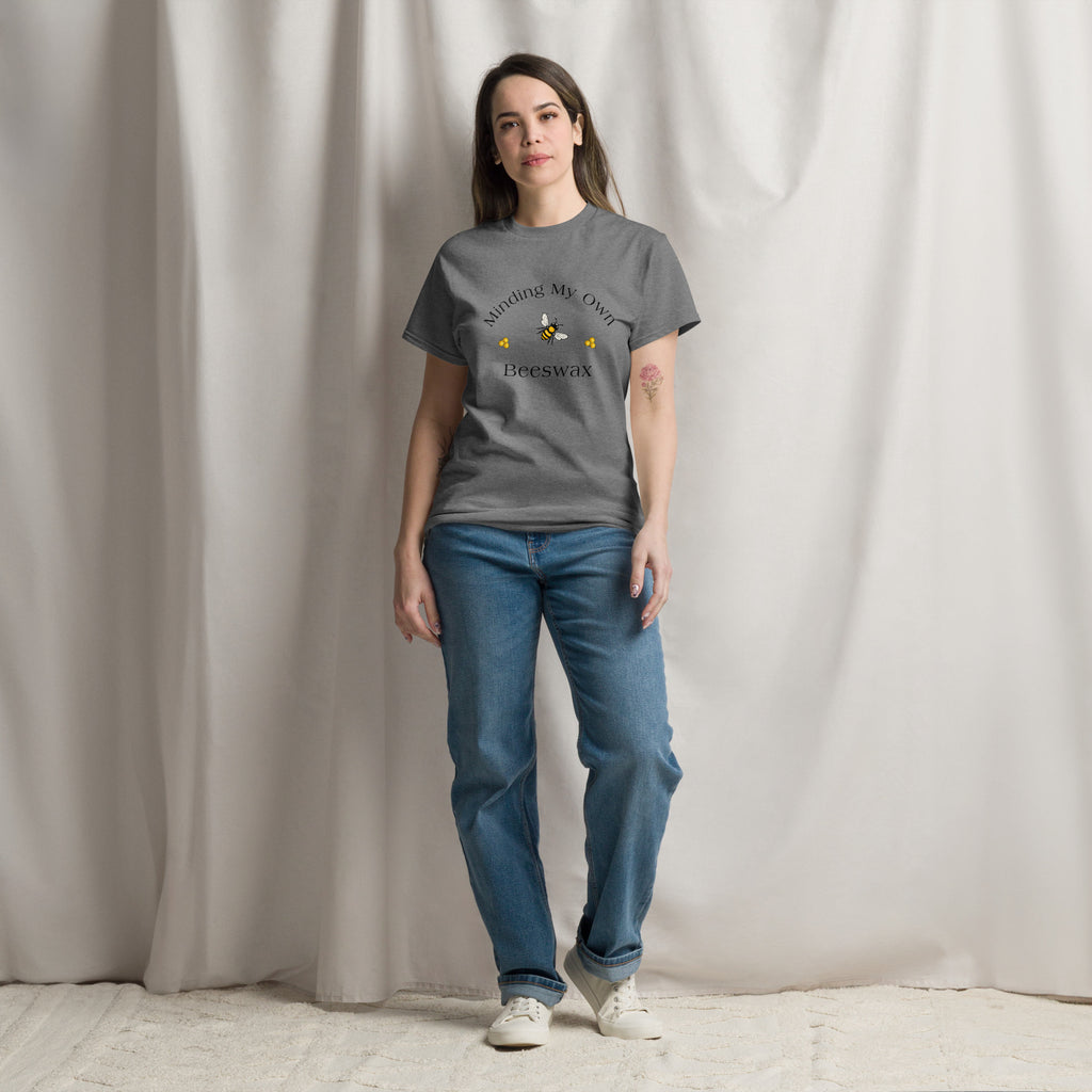 Gray unisex T-shirt with round neck and bee graphic with text on chest.