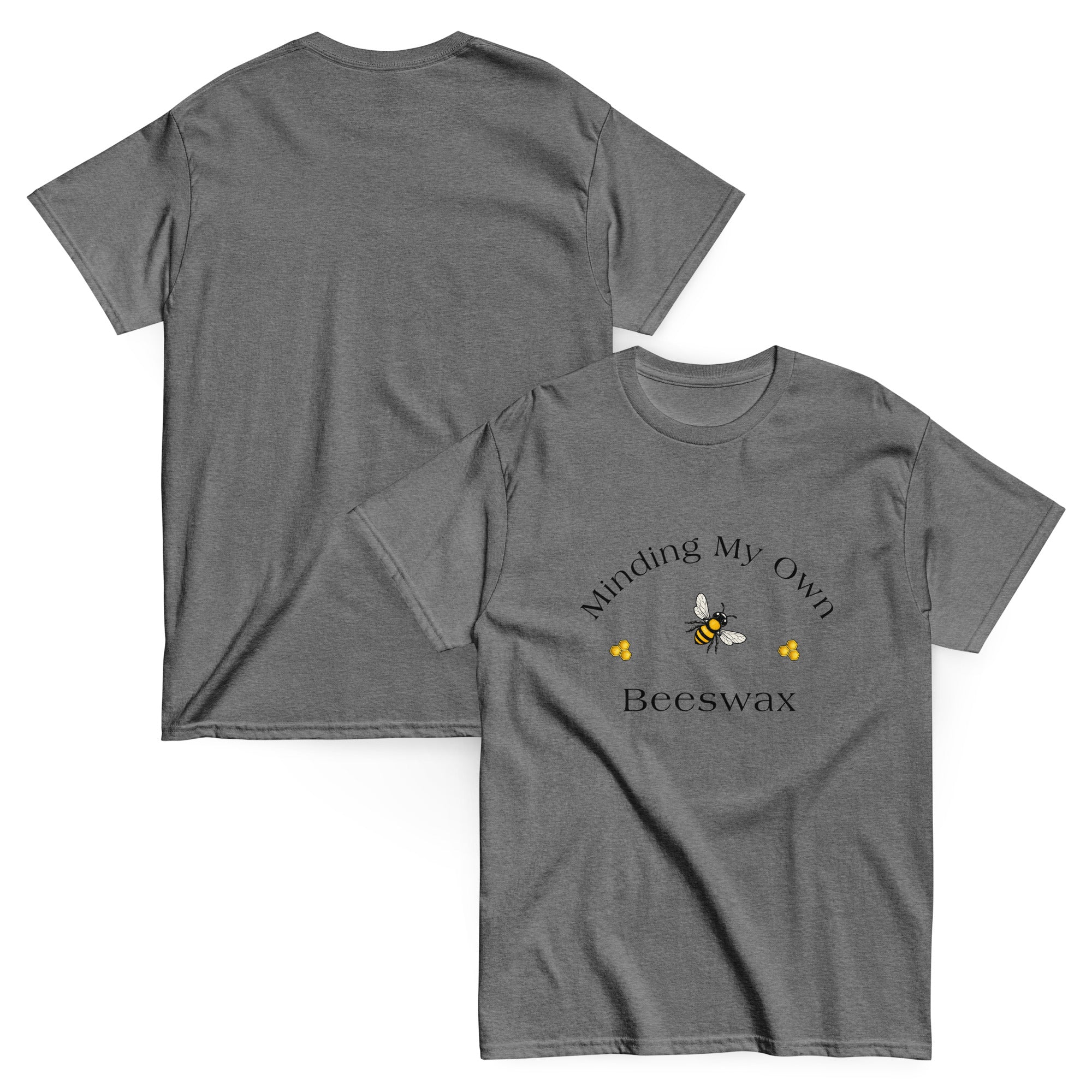 Unisex classic tee in graphite heather with honeybee and “Beeswax” slogan graphic.