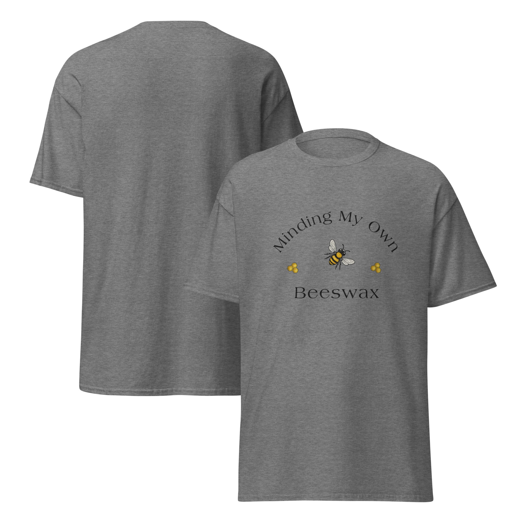 Unisex classic tee in medium gray with “Beeswax” bee graphic on front