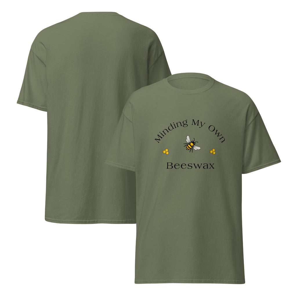 Unisex classic tee in dark olive with “Beeswax” bee graphic on front