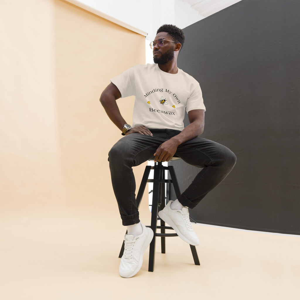 Unisex classic tee in light beige with bee and text graphic on chest