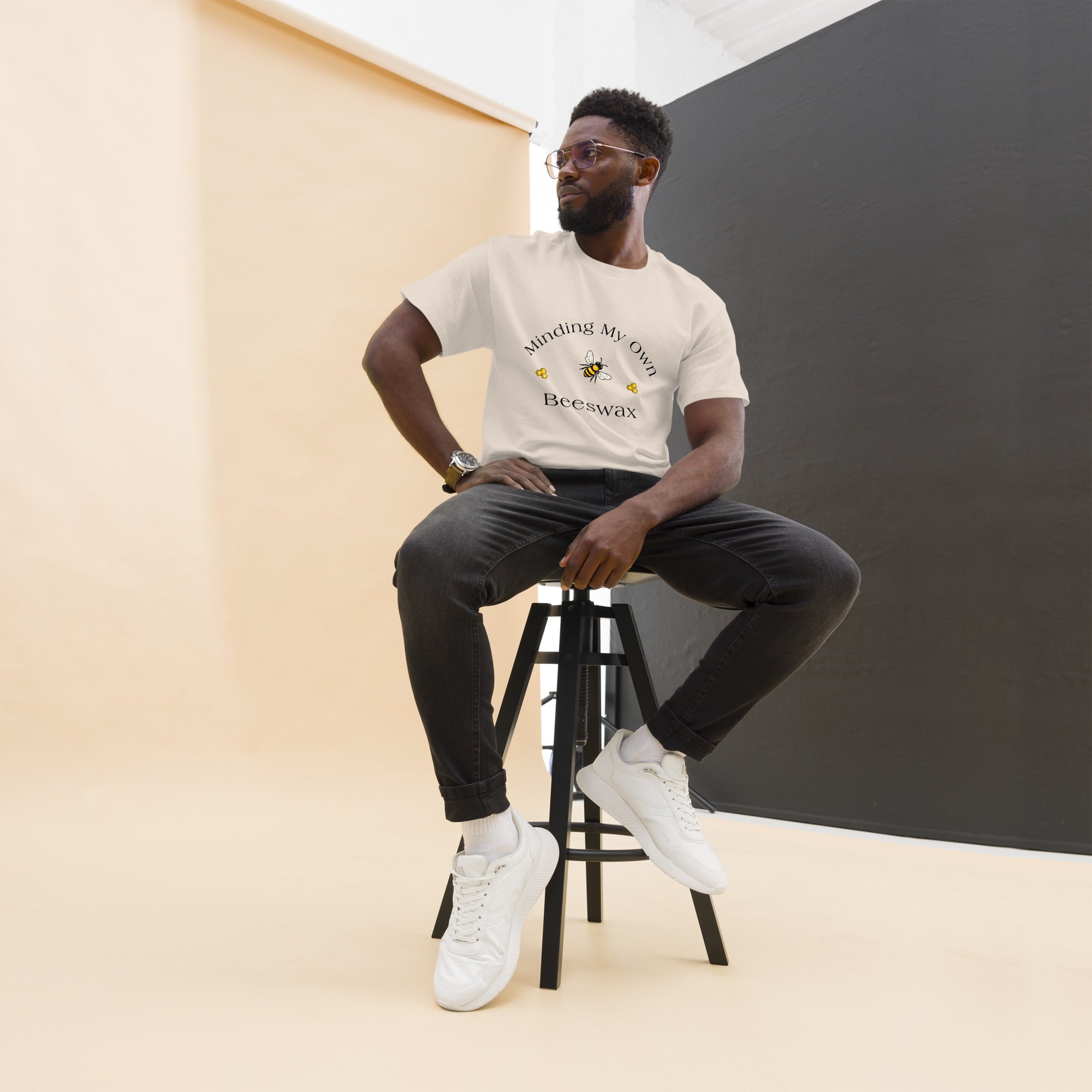 Unisex classic tee in light beige with bee and text graphic on chest