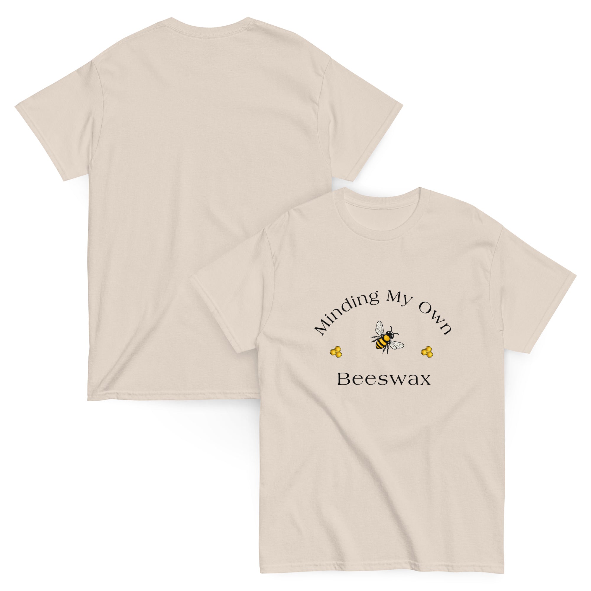 Unisex classic T-shirt in light tan with small chest bee graphic and text
