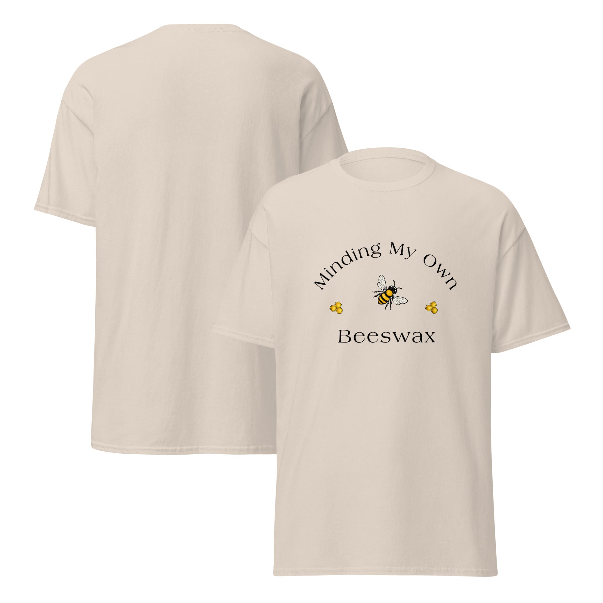 Unisex classic tee in light beige with “Beeswax” bee graphic on front