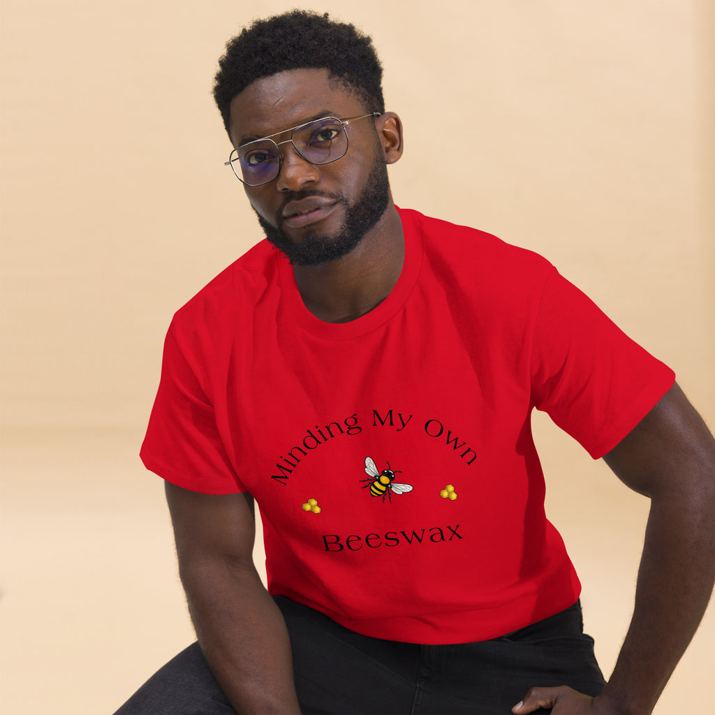 Unisex classic tee in red with bee and text graphic on the chest