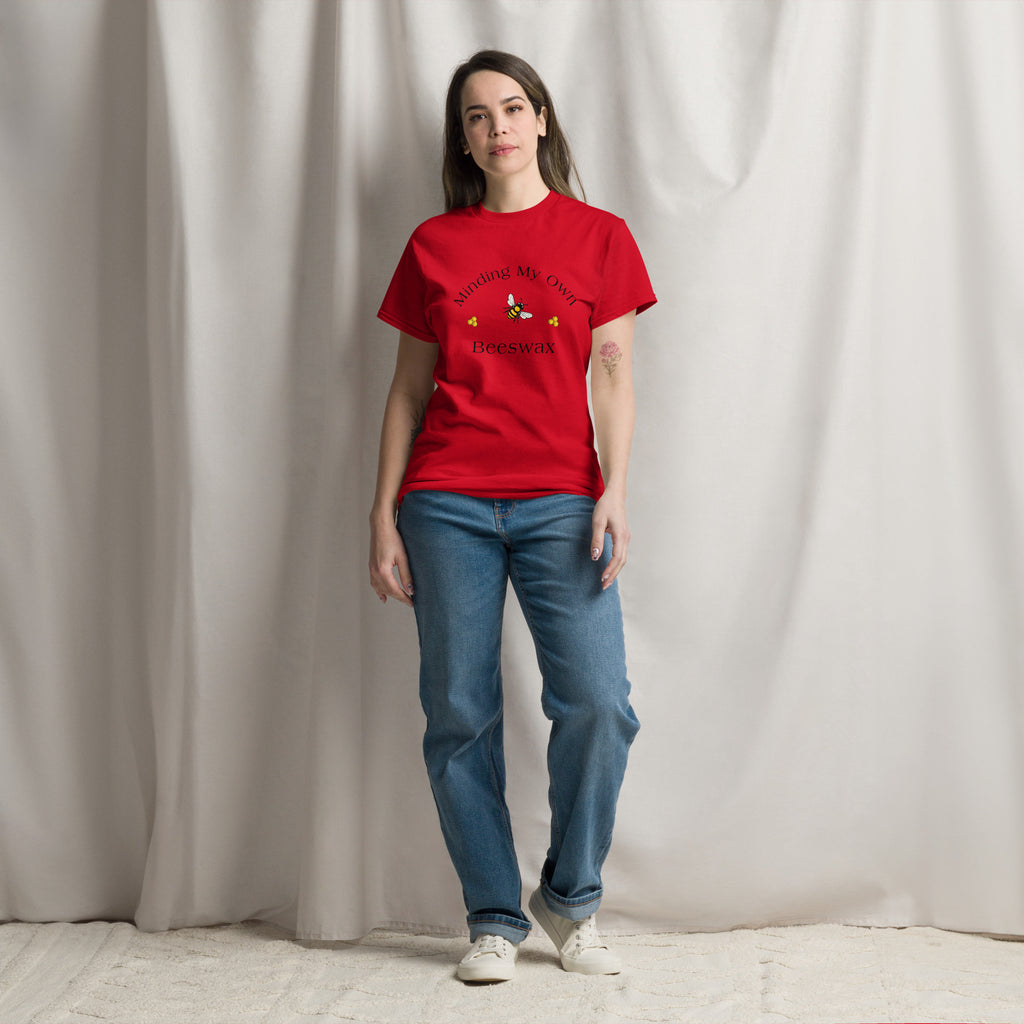 Unisex classic crewneck T-shirt in red with bee graphic