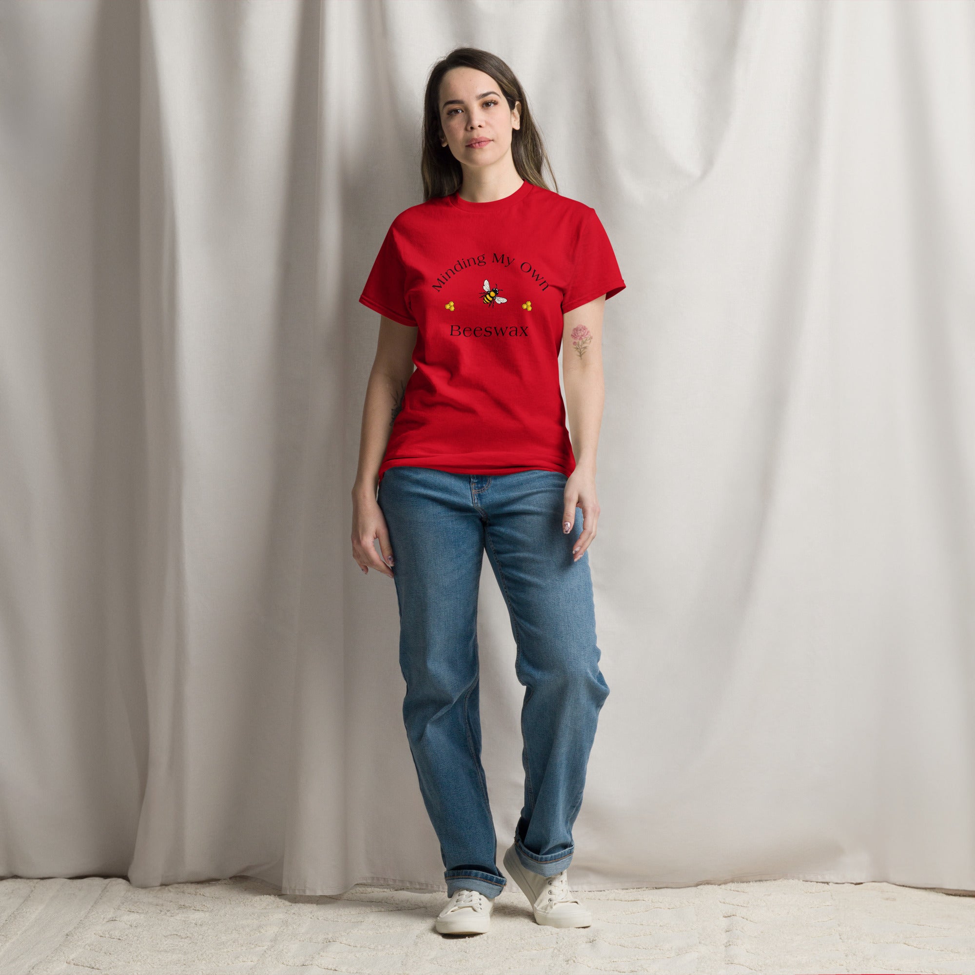 Unisex classic crewneck T-shirt in red with bee graphic