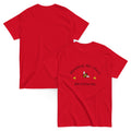Unisex classic tee in red with small honeybee and “Beeswax” slogan graphic.
