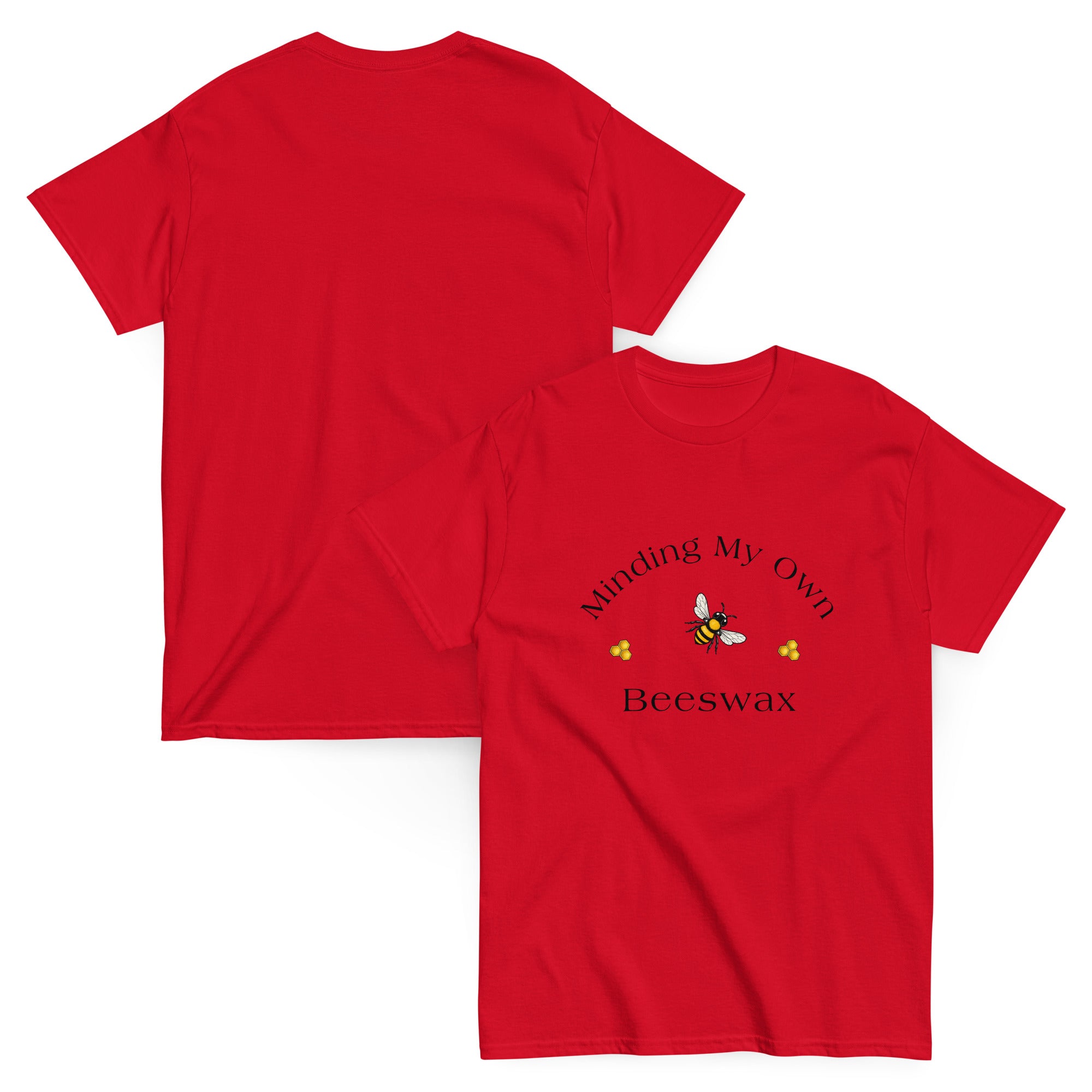Unisex classic tee in red with small honeybee and “Beeswax” slogan graphic.