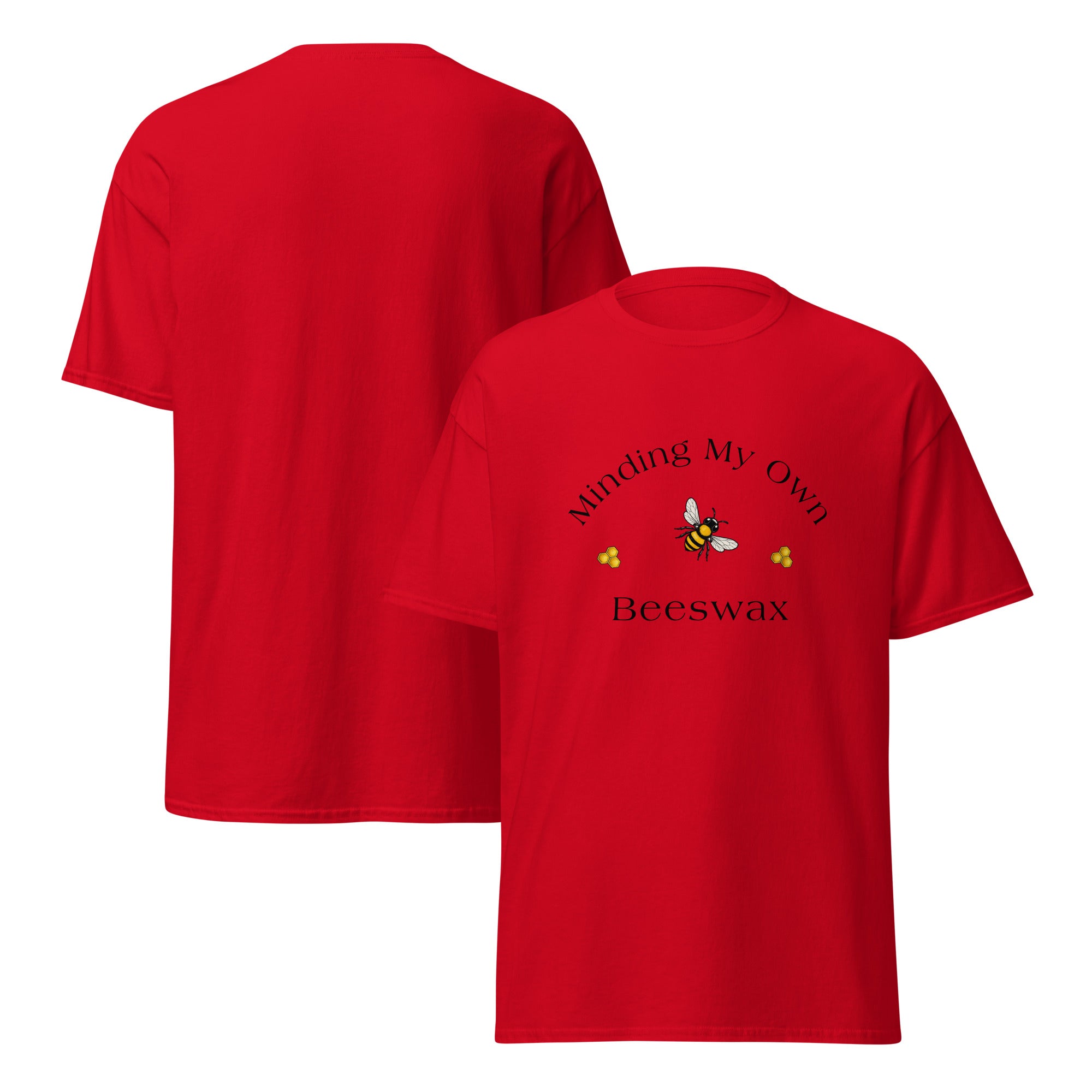 Red unisex T-shirt with round neck and bee graphic on chest.