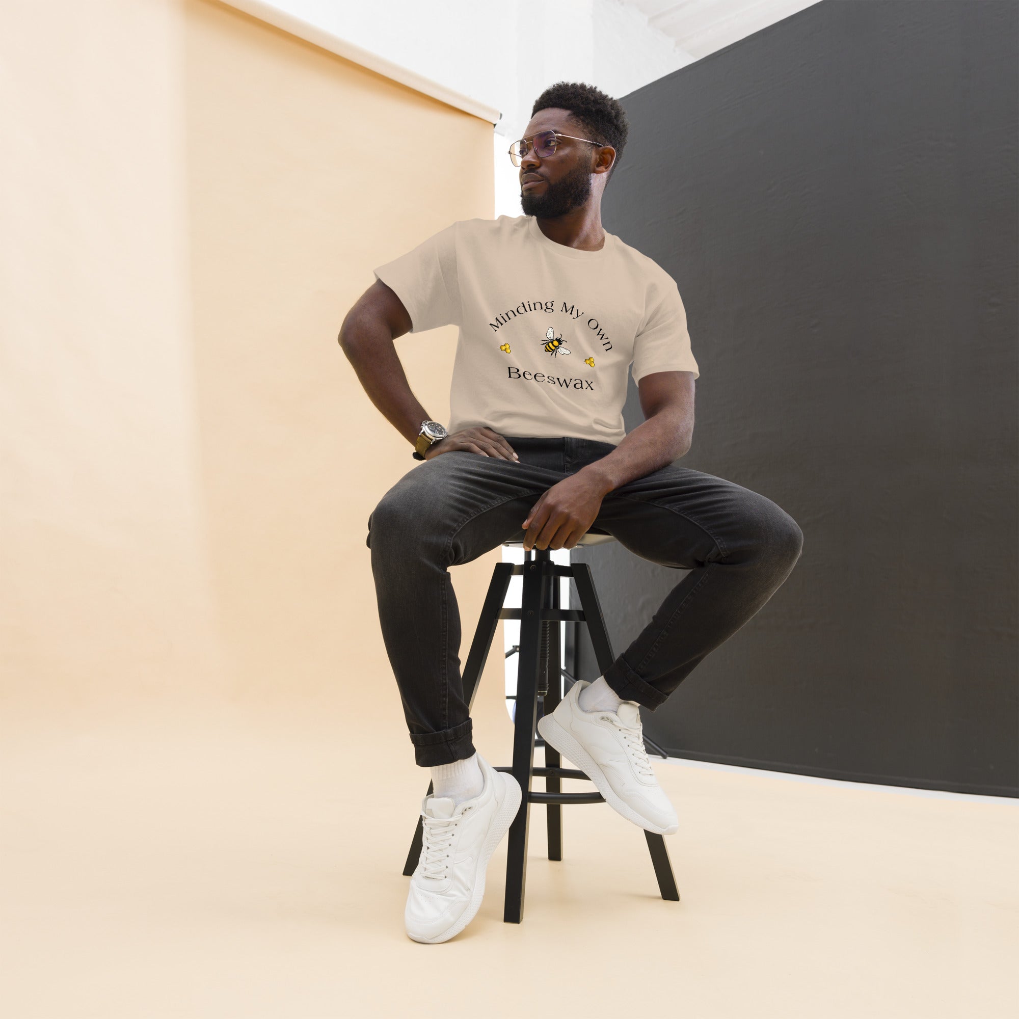 Unisex classic tee in light beige with bee and text graphic on chest