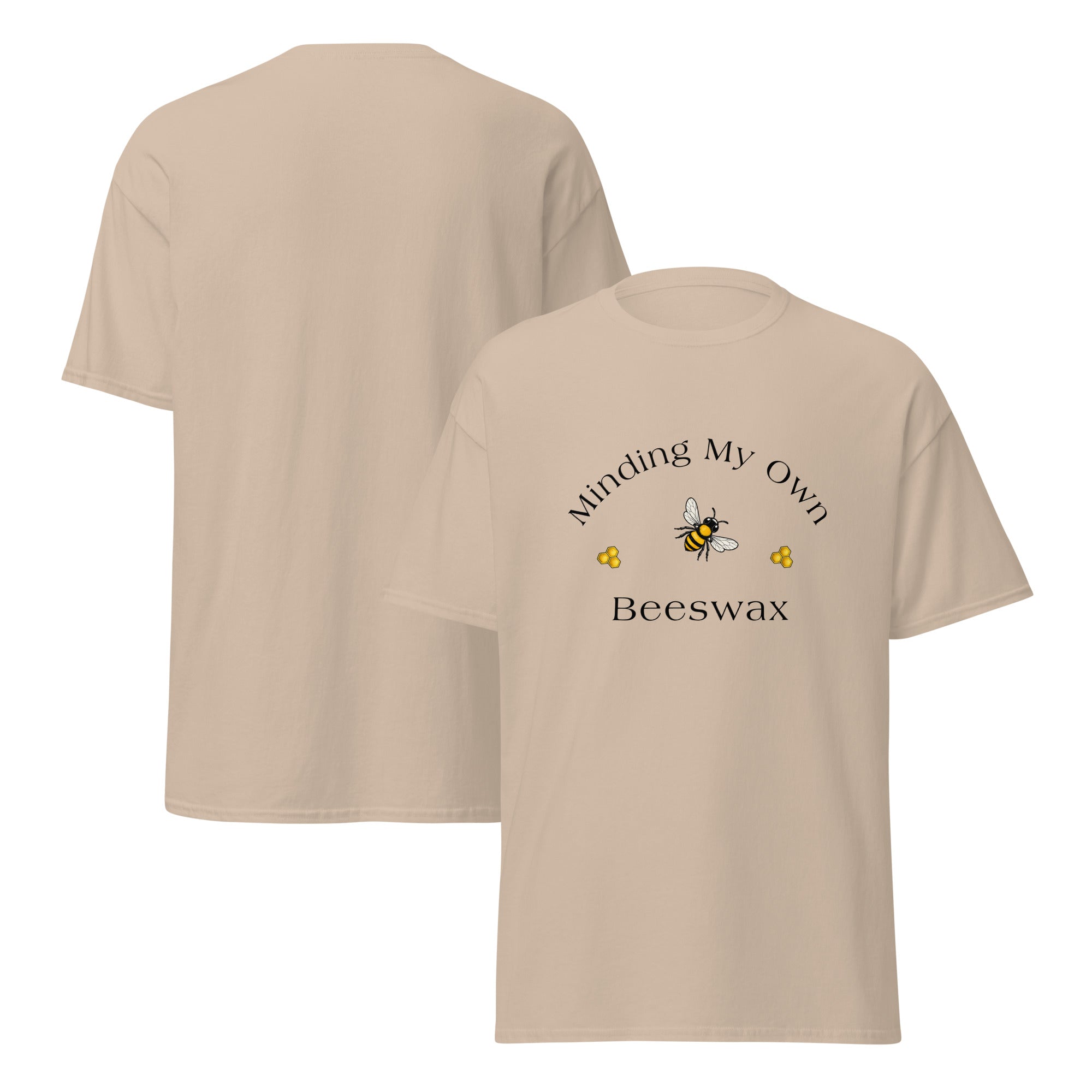 Unisex classic tee in beige with “Beeswax” bee graphic on front