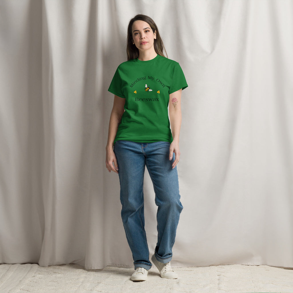 Green unisex T-shirt with round neck and bee graphic with text on chest.