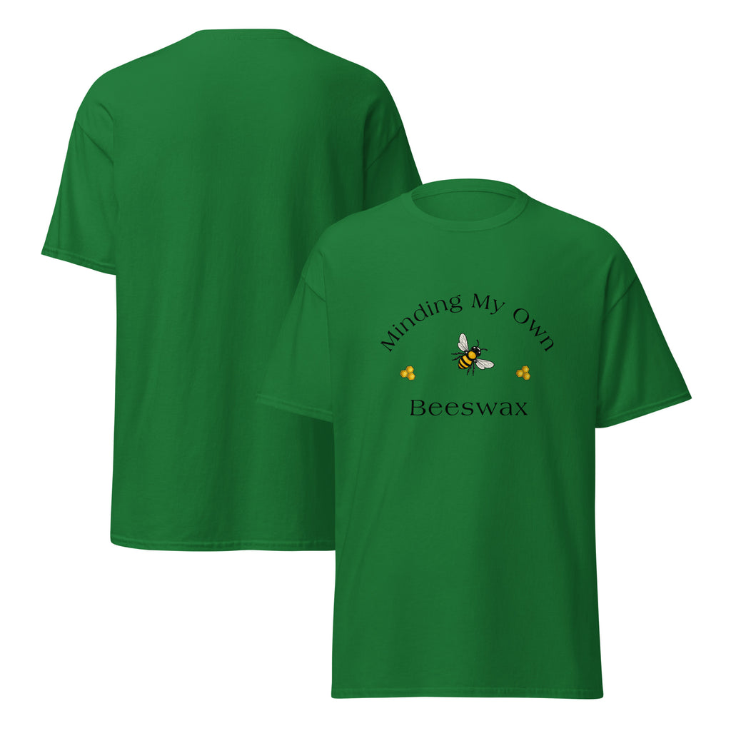 Unisex classic tee in forest green with “Beeswax” bee graphic on front