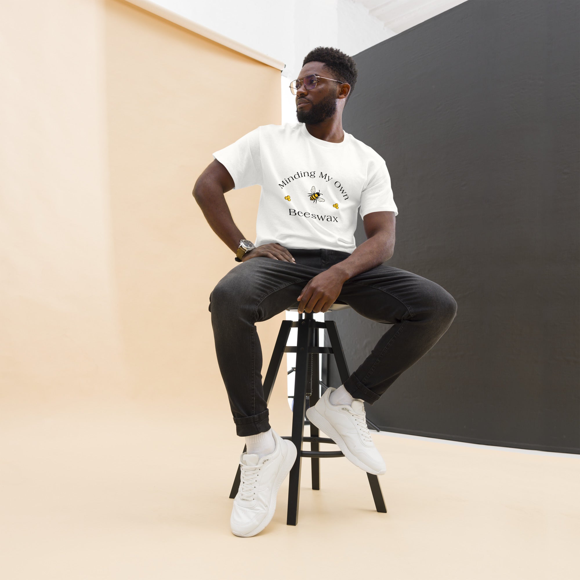 Unisex classic tee in white with bee and text graphic on chest