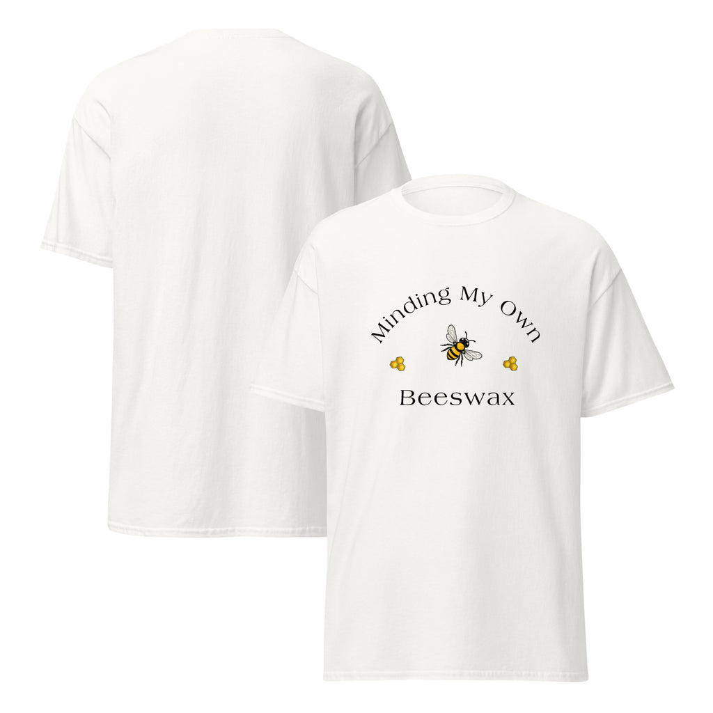 Unisex classic tee in white with “Beeswax” bee graphic on front