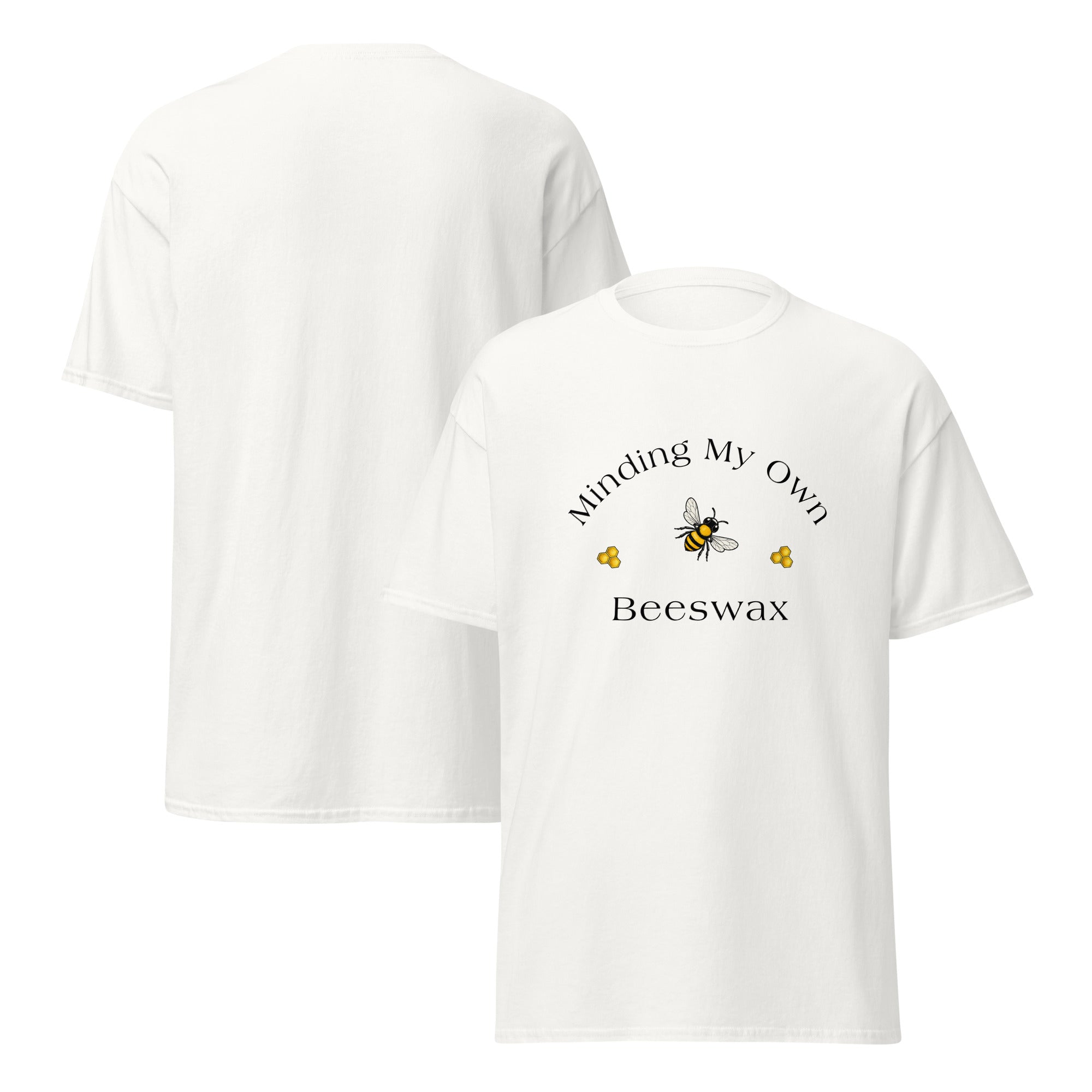 Unisex classic tee in white with “Beeswax” bee graphic on front