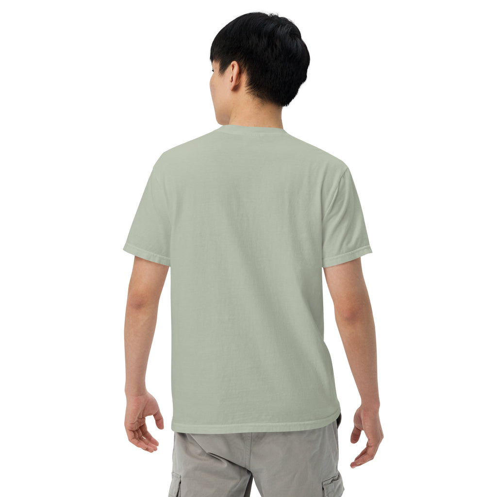 Unisex heavyweight T-shirt, sage green, short-sleeve crew neck, back view