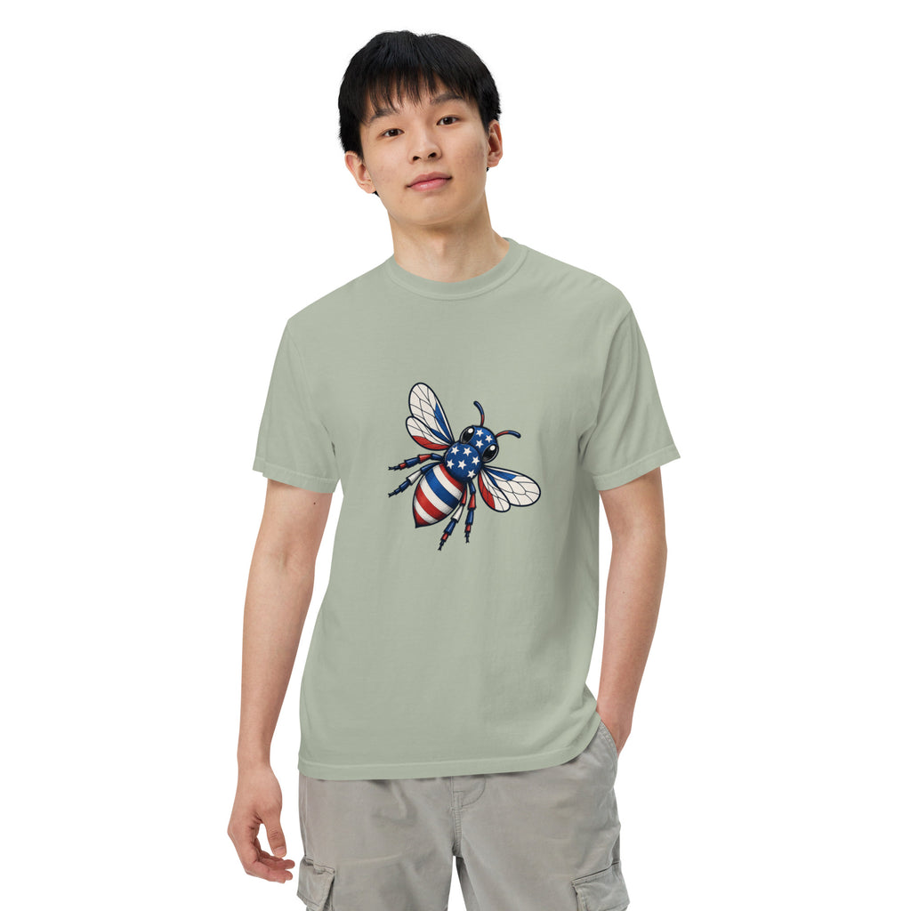 Unisex heavyweight t-shirt, sage green, chest graphic bee with striped wings