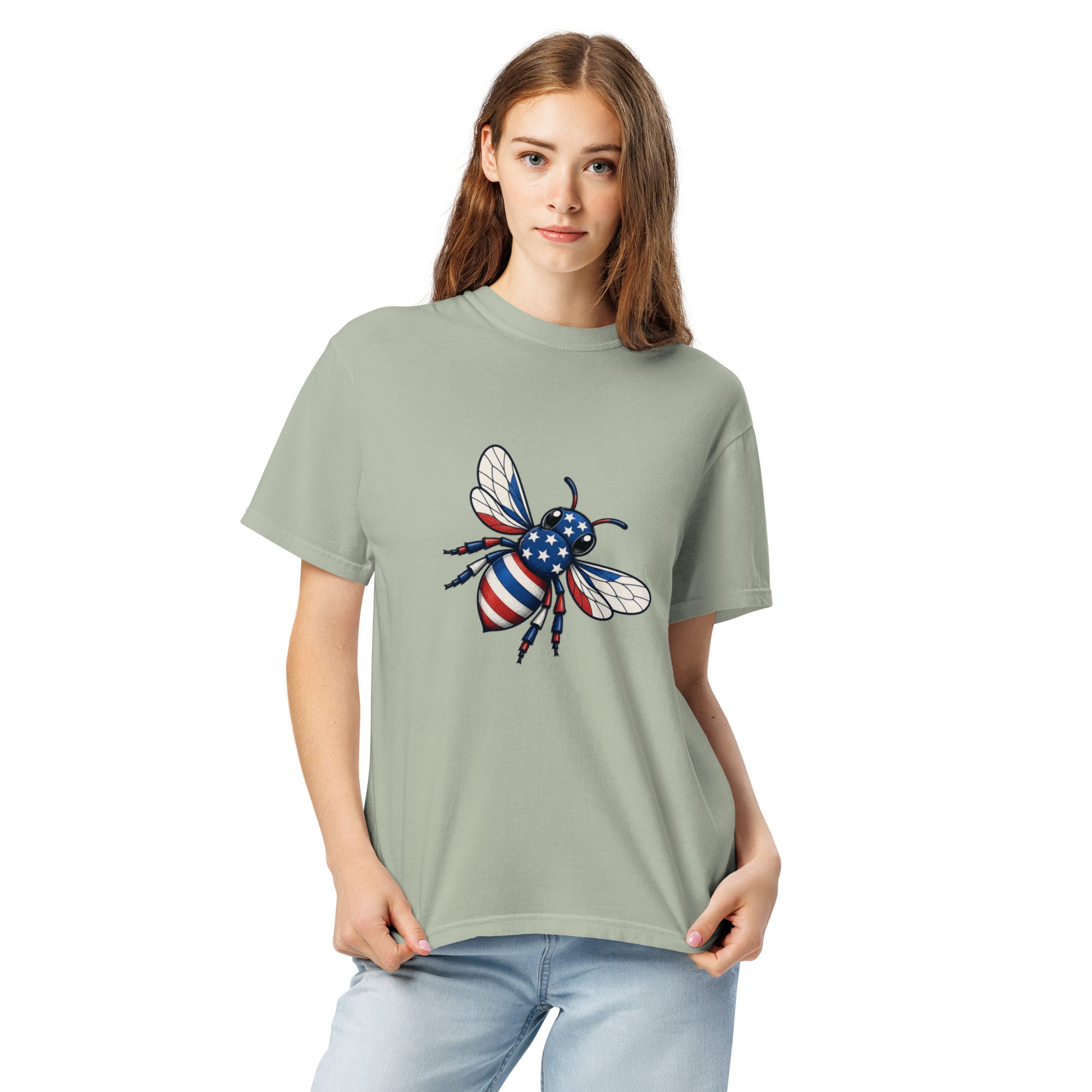 Sage green unisex heavy T-shirt with crew neck and bee graphic on chest