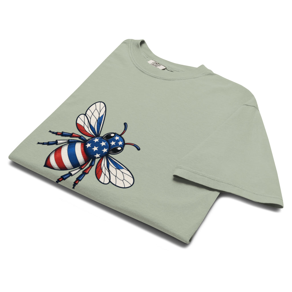Unisex heavyweight T-shirt in sage green with bee graphic on chest