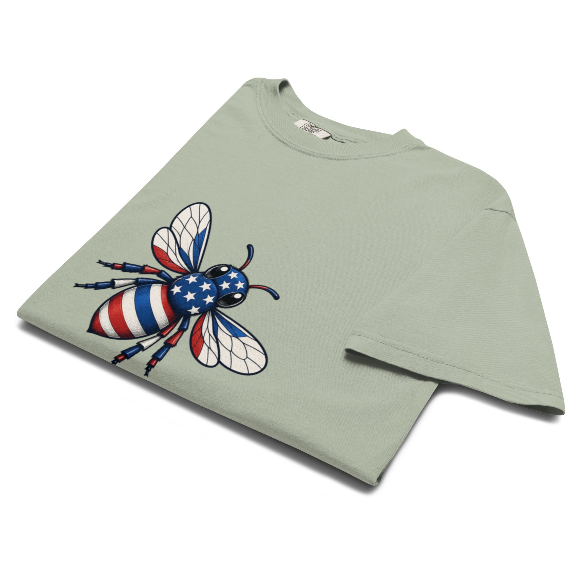 Unisex heavyweight T-shirt in sage green with bee graphic on chest