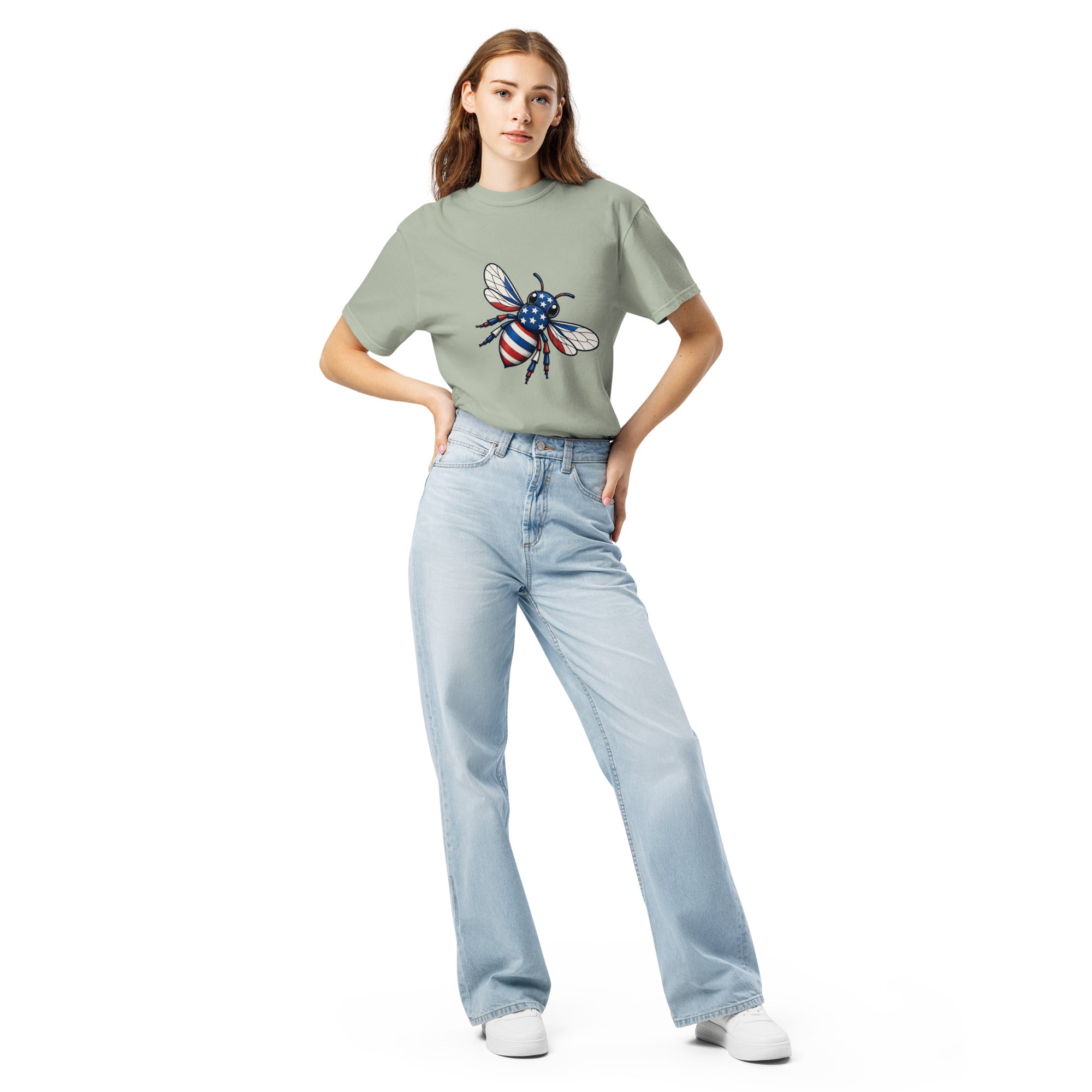 Unisex heavyweight t-shirt, sage green, with colorful bee chest graphic