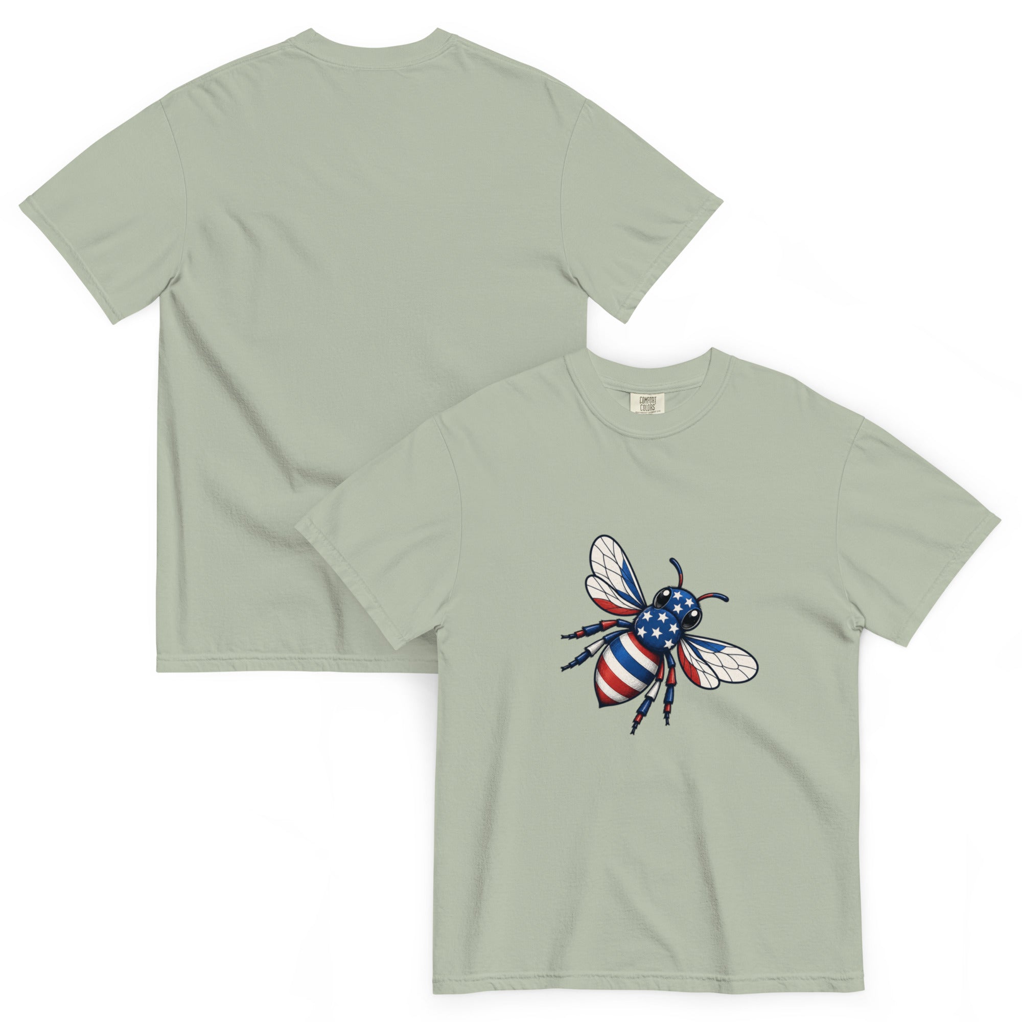 Unisex heavyweight T-shirt, sage green, crew neck, bee graphic on chest.