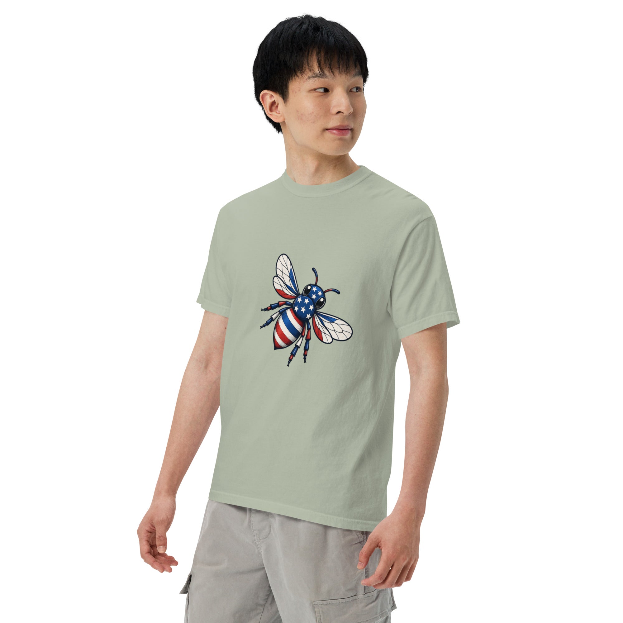 Sage green unisex heavyweight T-shirt with front bee graphic and crew neck