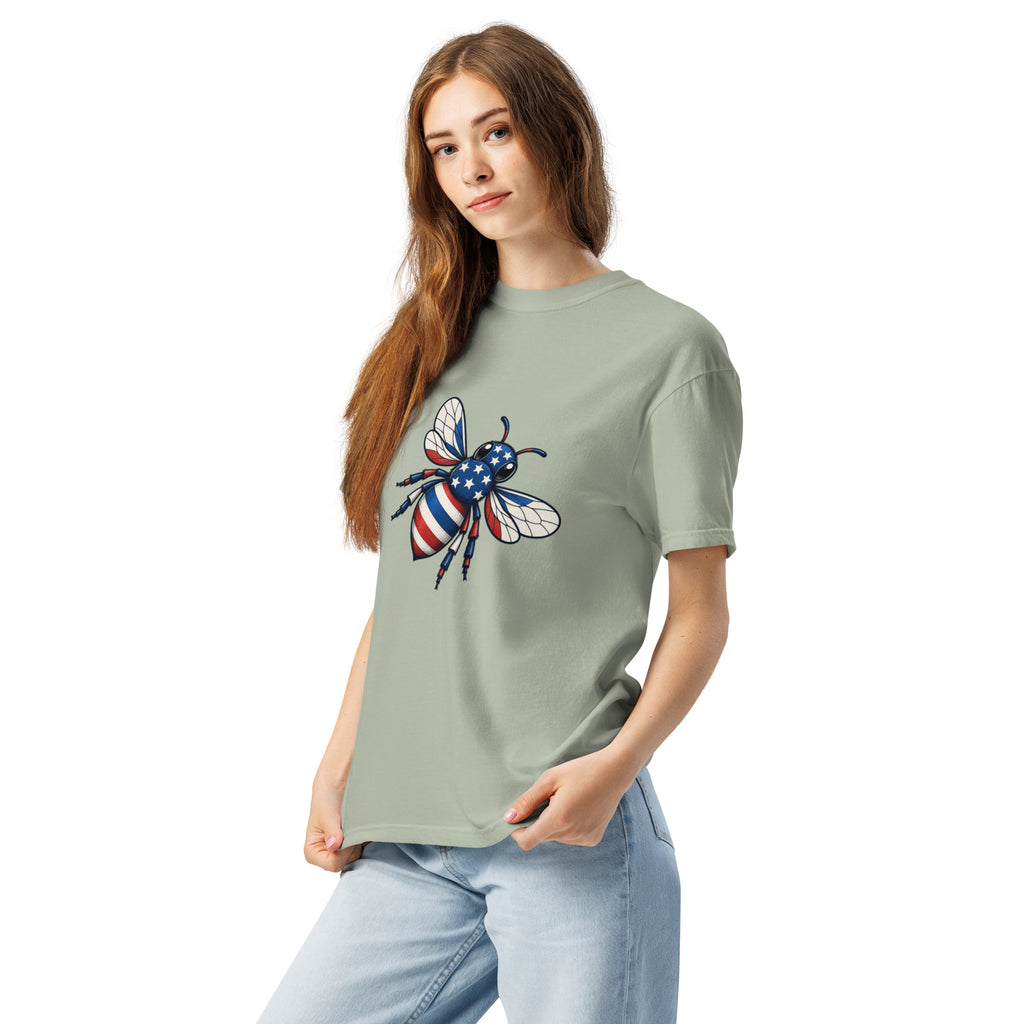 Unisex heavyweight T-shirt in sage green with bee graphic on the chest