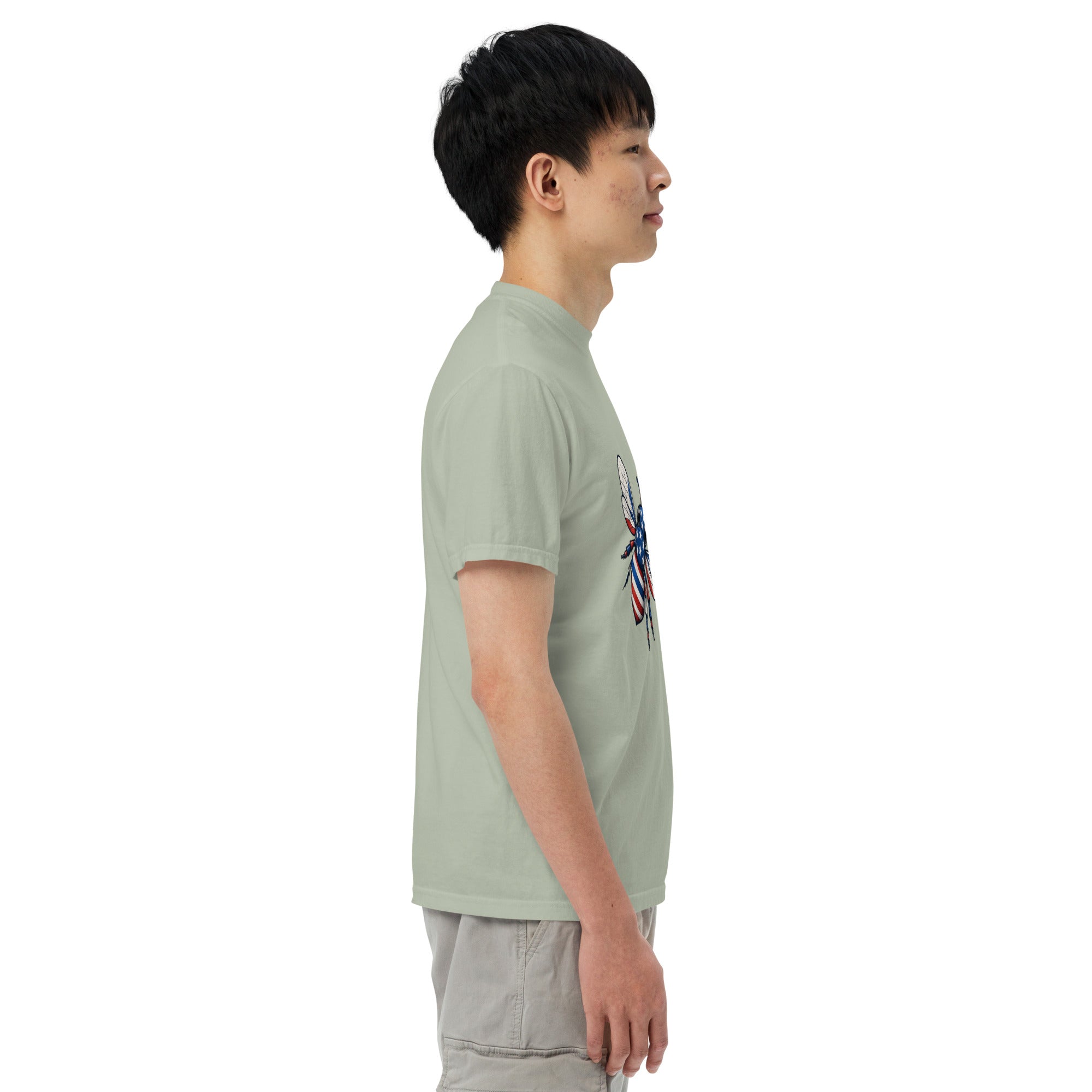 Unisex heavyweight t-shirt in sage green with chest graphic print