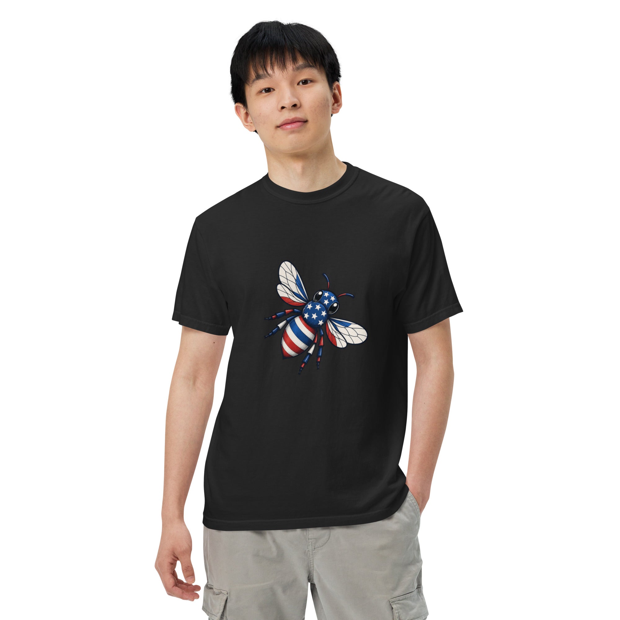 Black unisex heavyweight T-shirt with colorful bee graphic on chest