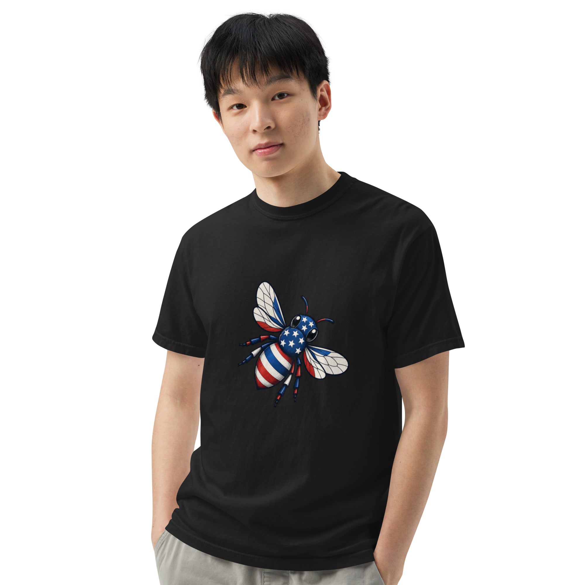 Unisex heavyweight t-shirt, black, chest graphic bee with striped wings