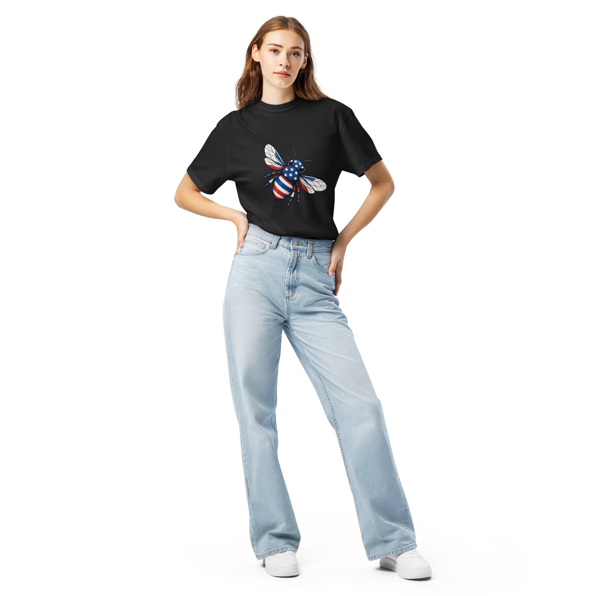 Black unisex heavyweight T-shirt with front bee graphic and crew neck