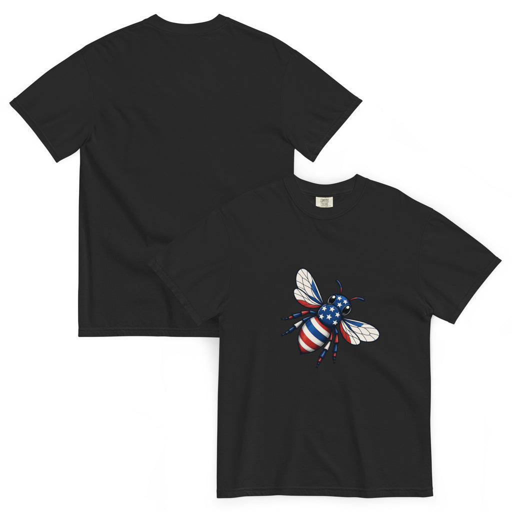 Unisex heavyweight T-shirt, black, crew neck, bee graphic on chest.