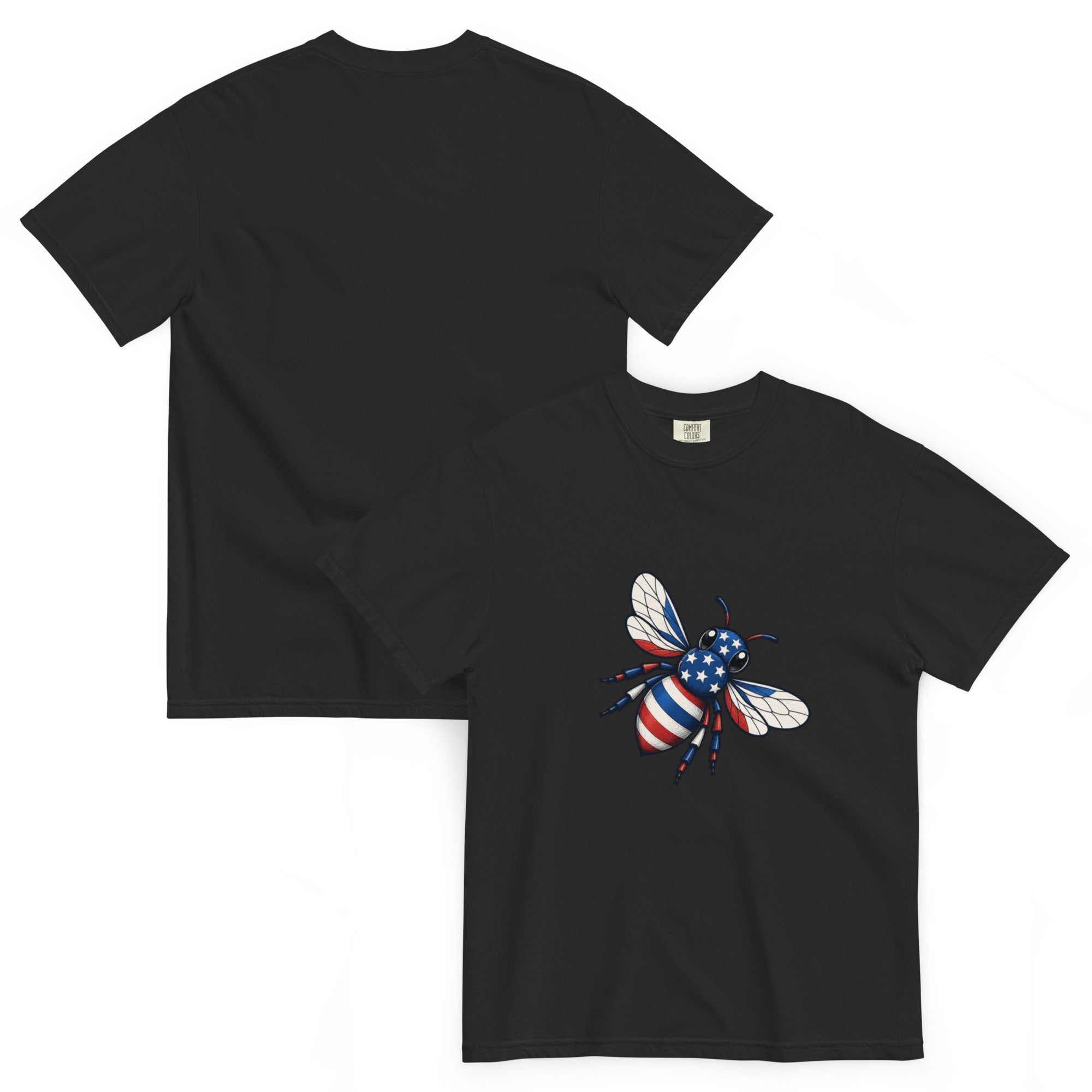 Unisex heavyweight T-shirt, black, crew neck, bee graphic on chest.