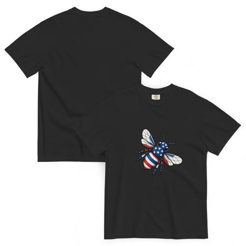 Unisex heavyweight T-shirt, black, crew neck, bee graphic on chest.