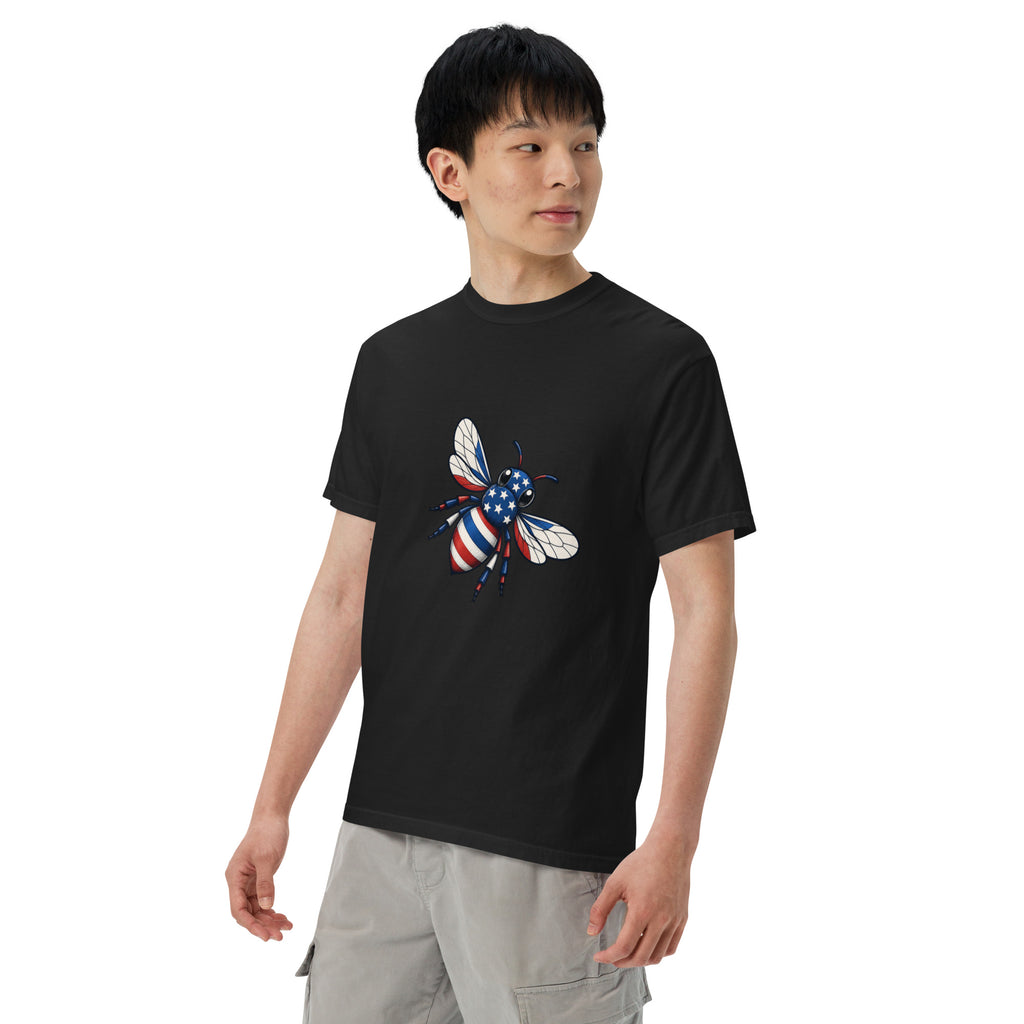Black heavyweight unisex crew-neck T-shirt with colorful bee graphic on chest.