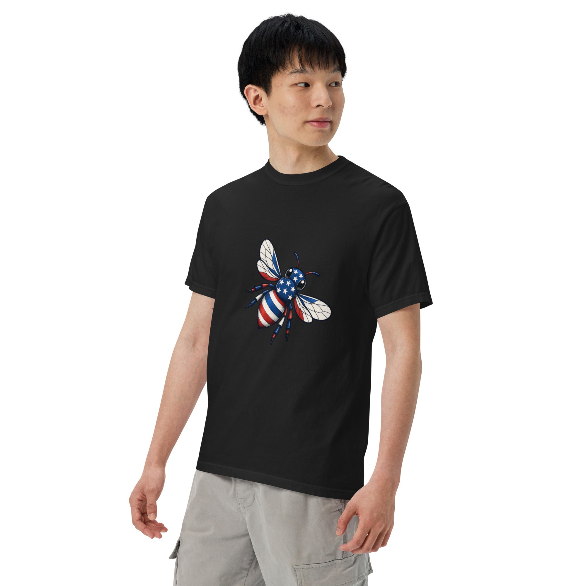 Black heavyweight unisex crew-neck T-shirt with colorful bee graphic on chest.
