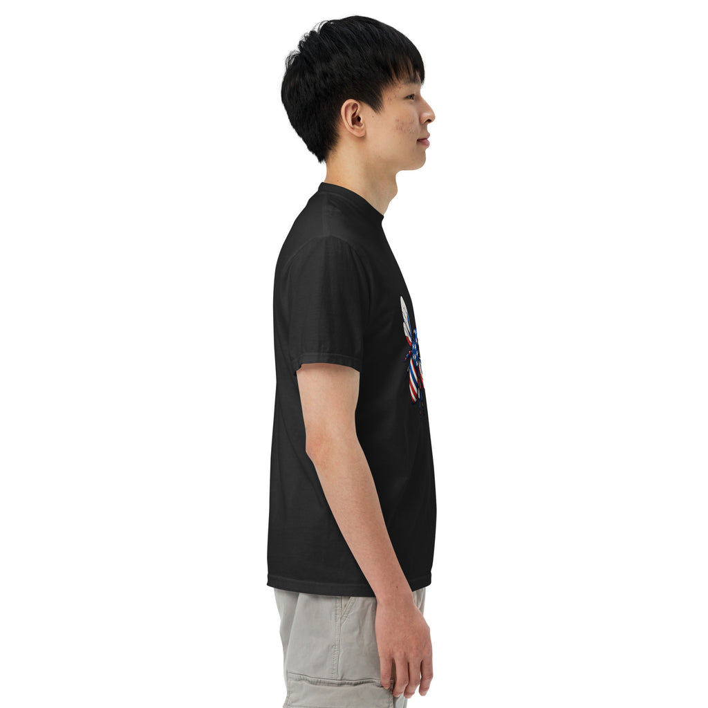 Unisex heavyweight T-shirt, black side view with crew neck and short sleeves