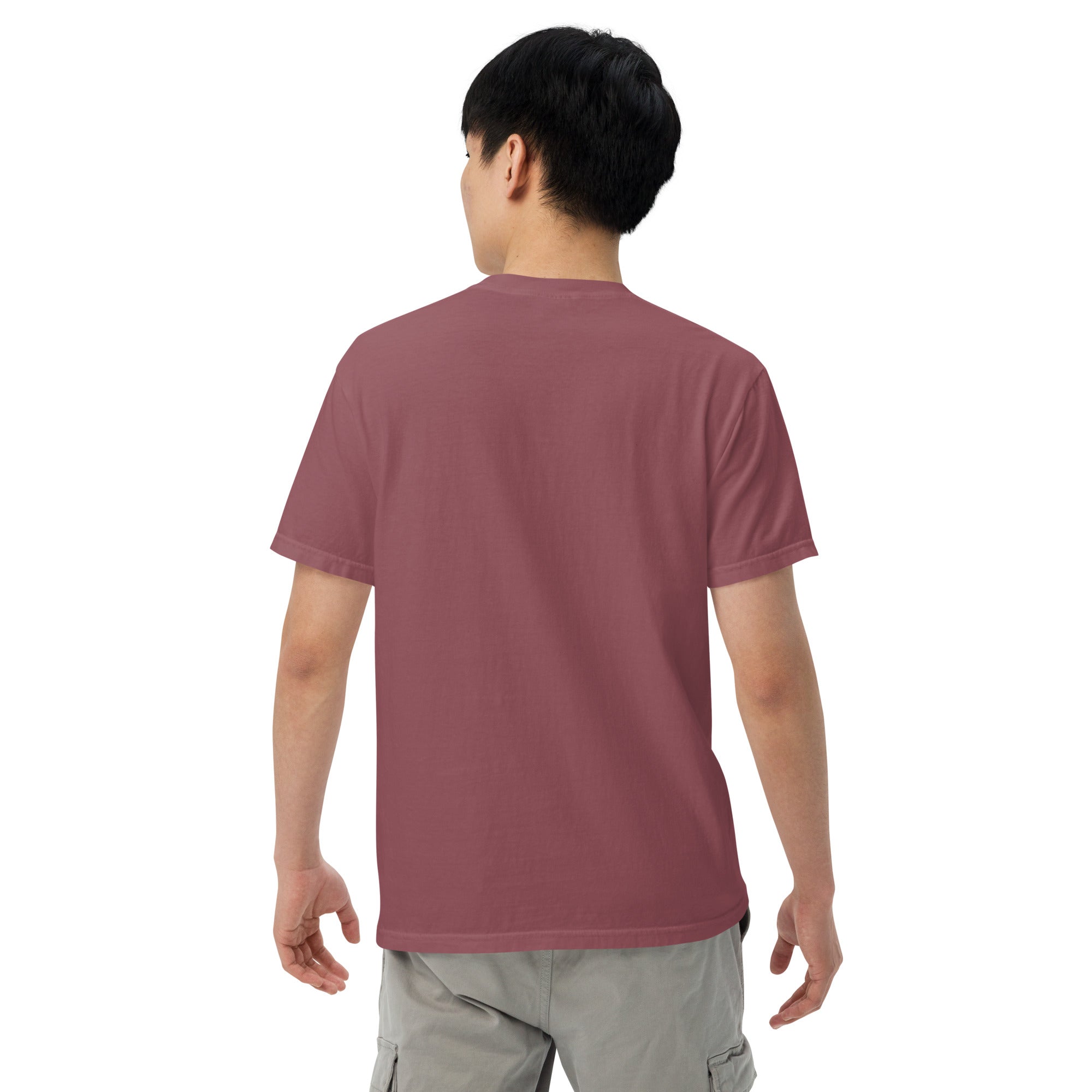 Unisex heavyweight T-shirt, mauve, short-sleeve crew neck, back view