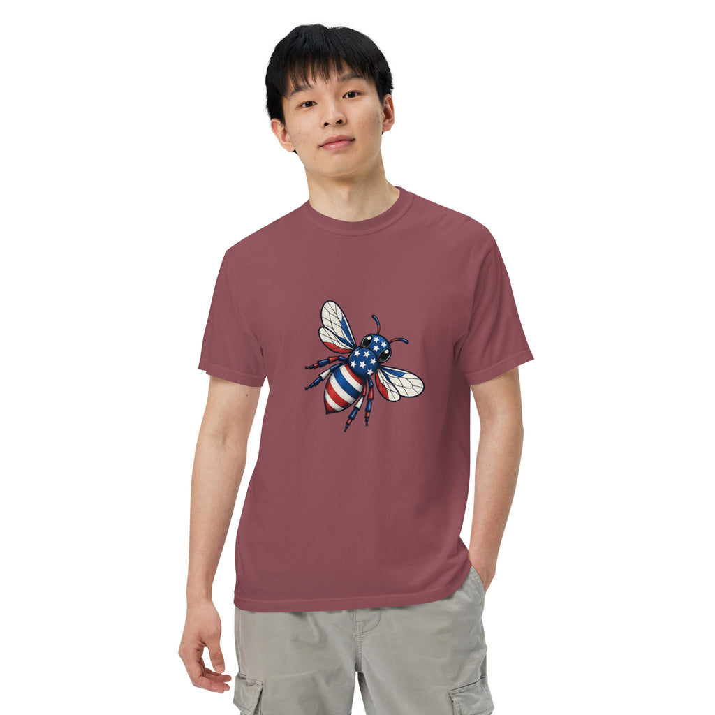 Burgundy unisex heavyweight T-shirt with colorful bee graphic on chest