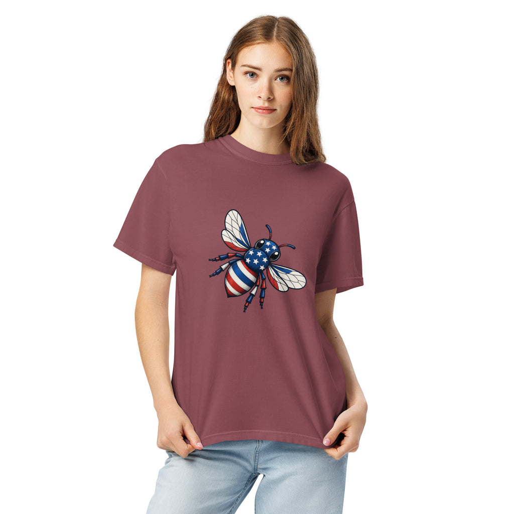 Burgundy unisex heavy T-shirt with crew neck and bee graphic on chest