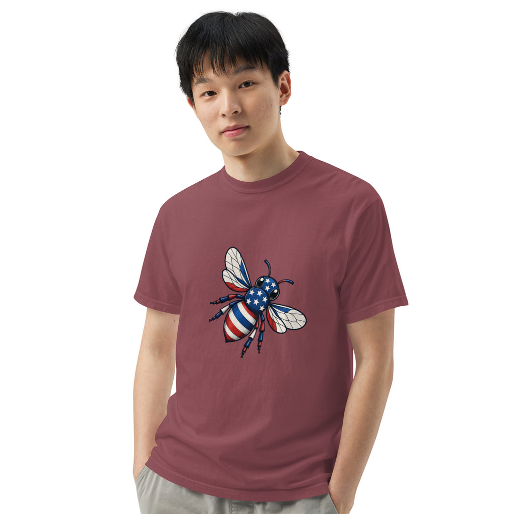 Unisex heavyweight t-shirt, brick red, chest graphic bee with striped wings